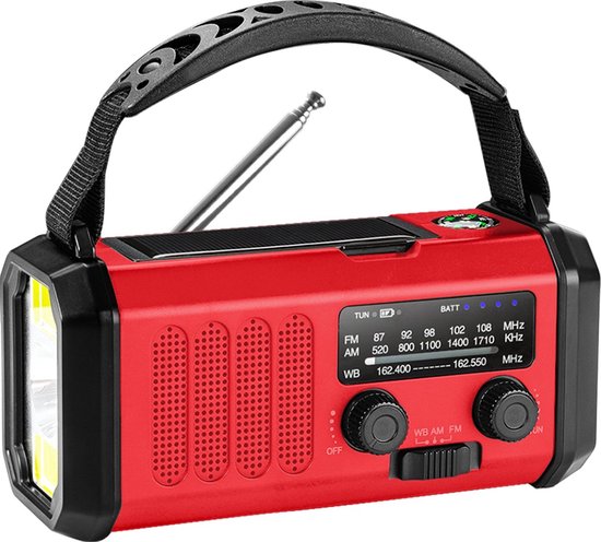 Noodradio – Solar Opwindbaar 10.000mAh – MODEL 2024 – Solar powerbank Zonneenergie – Survival Noodpakket – Zaklamp Oplaadbaar – Noodpakket – Noodrantsoen – Rood