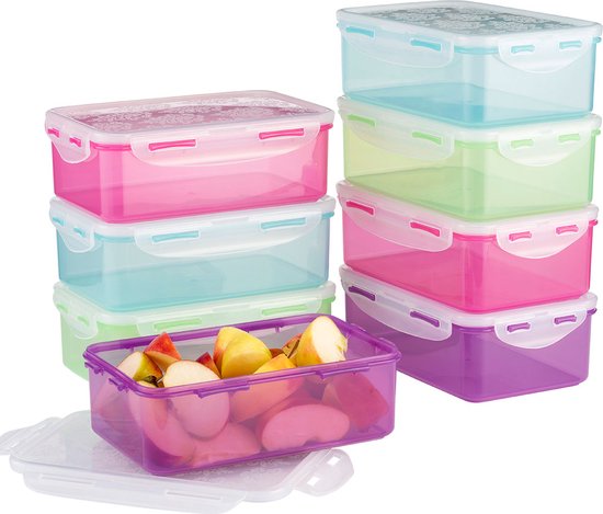 Lock&Lock Vershoudbakjes set met deksel - Meal prep bakjes - Diepvriesbakjes - Diepvriesdozen - Bewaardozen voedsel - Bewaarbakjes - Vershouddoos - Lunchboxen - Luchtdicht - Lekvrij - BPA vrij - Set van 8 Stuks - Multicolor - Met dessin deksel