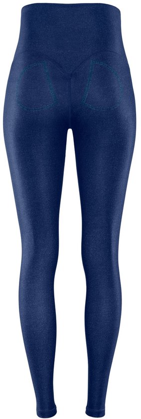 Navy jeansstijl legging met hoge taille en hartvormige naden op de billen.