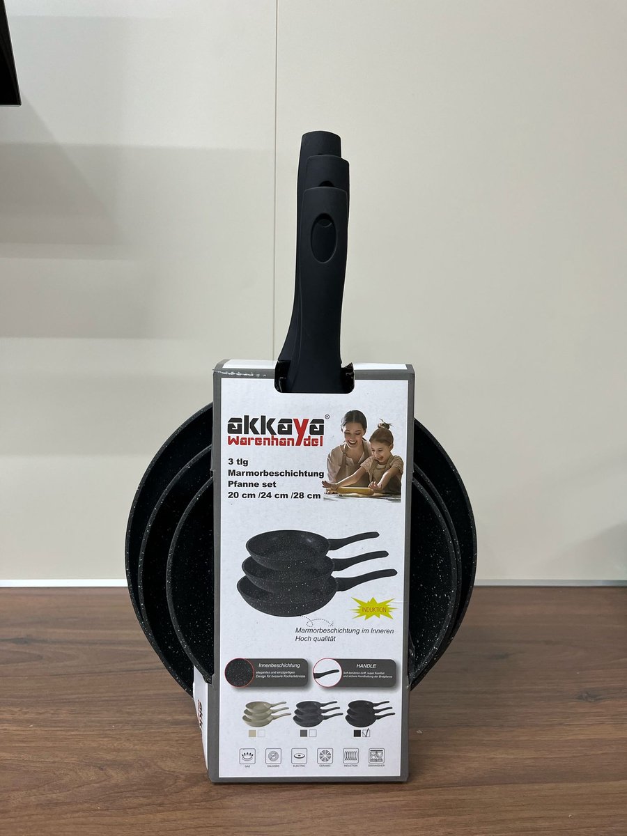 Akkaya Koekenpan - 3-delig - Marmeren Coating - Zwart Graniet - Duurzaam - 20/24/28 cm