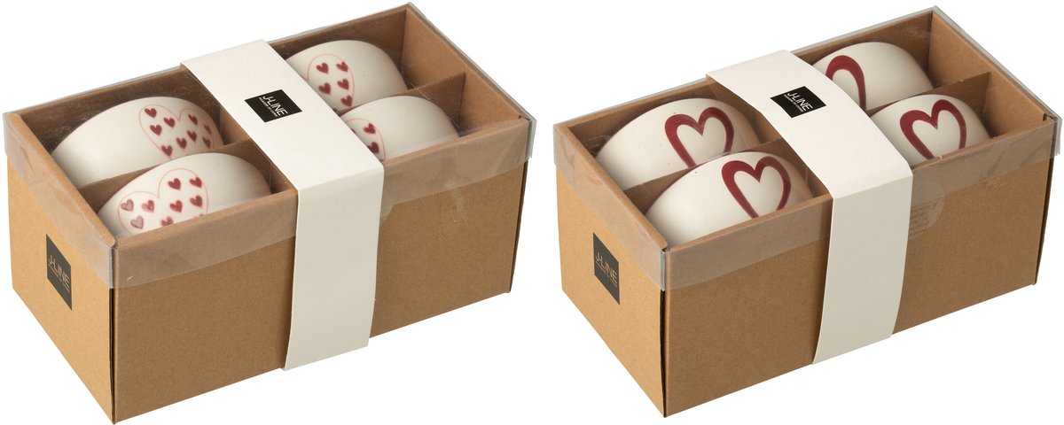 J-Line kom Hart - porselein - wit/rood - small - 2 dozen van 4 stuks