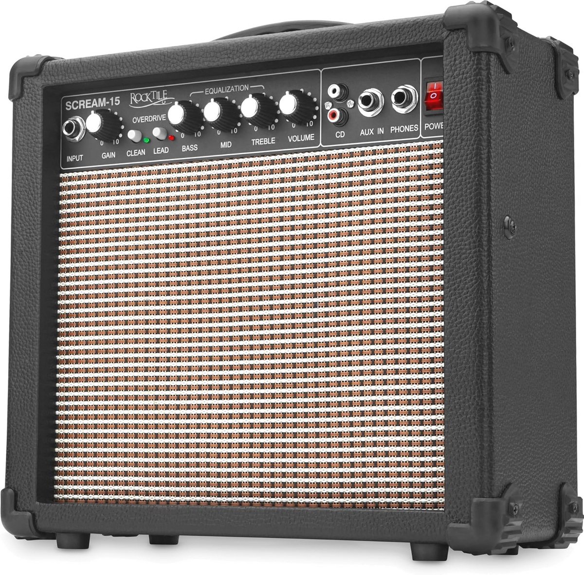 Draagbare 15 Watt Gitaarversterker met 2 Kanalen en AUX-In