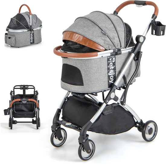 COSTWAY 3-in-1 hondenwagen, hondenwagen, opvouwbaar tot 15 kg, huisdierwagen met gaasraam, verstelbaar dak, afneembare houder en mand, huisdieruggy voor kleine honden, katten (zwart