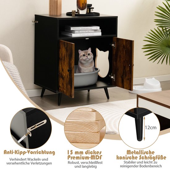 COSTWAY Kattenkast, kattentoilet, kattenbakkast voor hoek, kattenhuis met 2 deuren en 2 ingangen en planken, kattenmeubel voor katten, honden, huisdieren, kattenmand met metalen poten (bruin