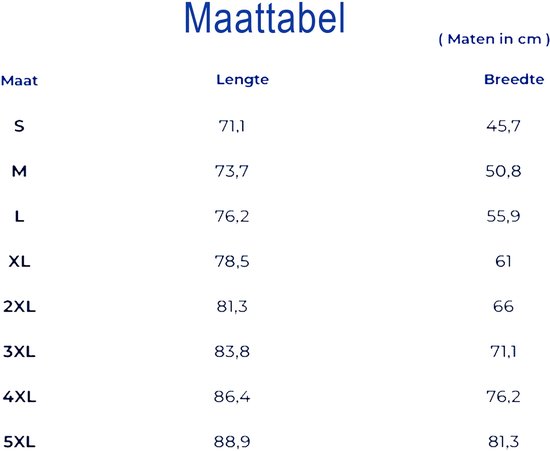 Maattabel voor T-shirts in cm, met maten S tot 5XL en bijbehorende lengte- en breedtematen.