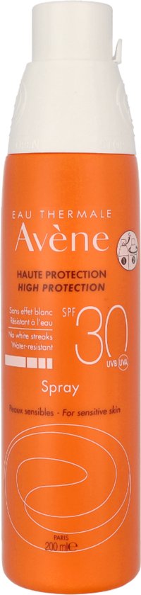 Oranje spuitfles van Avène met 'HAUTE PROTECTION HIGH PROTECTION' en SPF 30.