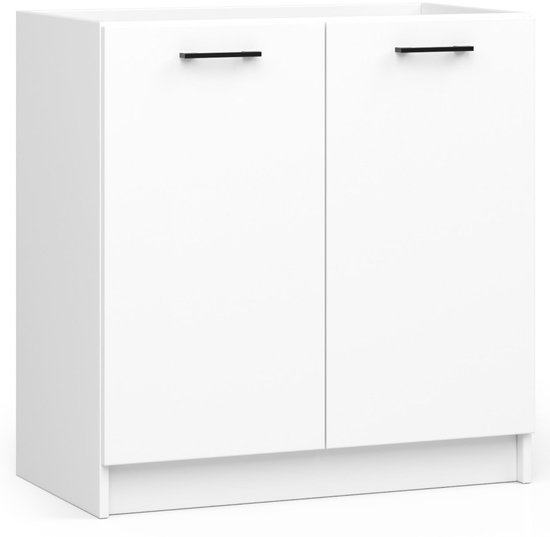 Meuble de cuisine blanc avec deux portes et poignées argentées.