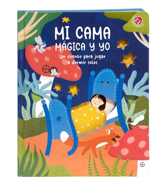 Boek 'Mi Cama Magica Y Yo' met een slapend meisje onder een gele deken, een vosje en muizen op een magische paddenstoel, in de nacht.