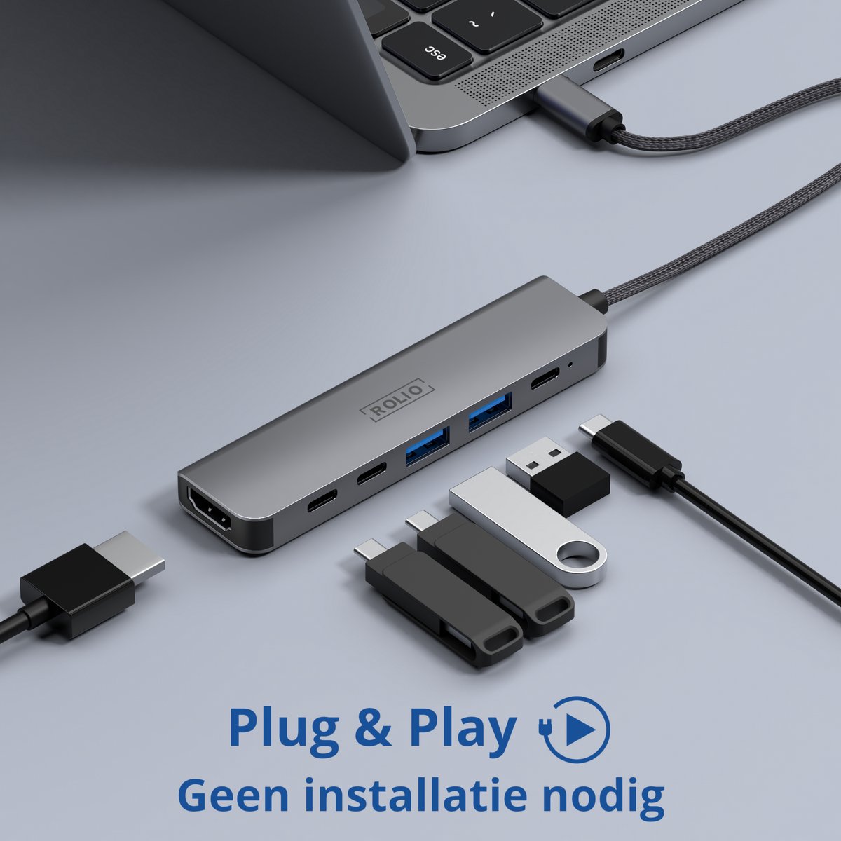USB-C Hub 6-poorten Rolio - HDMI 4K, 3x USB-C, 2x USB-A, opladen 100W, MacBook & Windows compatible - Afbeelding 3