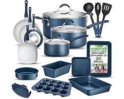 Duurzame 20-delige Antiaanbak Kookset met Bakgerei - Compatibel met Alle Kookplaten - Koel aanvoelende Handgrepen