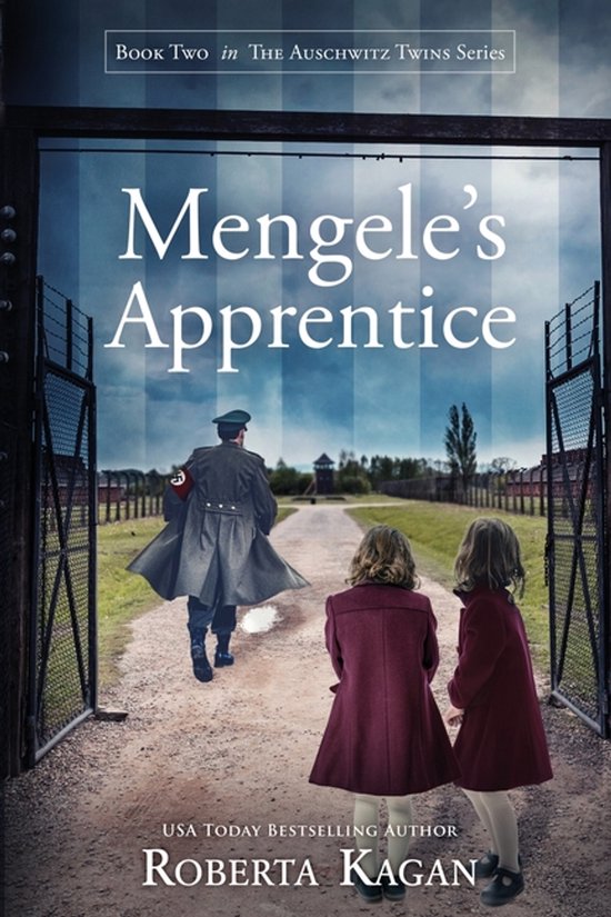 Twee meisjes in bordeauxrode jassen kijken naar een SS'er die een kampterrein oploopt, onder de titel "Mengele's Apprentice".