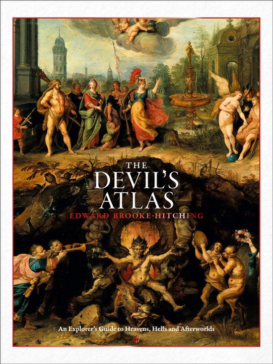 De omslag van 'The Devil's Atlas' toont een gedetailleerd schilderij van een hemel, aarde en hel-tafereel, met mythologische figuren en de titel.
