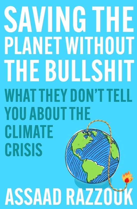 Boek "Saving the Planet Without the Bullshit" door Assaad Razzouk. Een illustratie van de aarde met een touw.