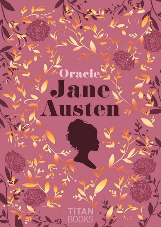Boekomslag met roze achtergrond, omringd door bloemen- en bladranken in oranje en paars tinten. In het midden de tekst "Oracle Jane Austen" en een profielsilhouet van een vrouw.
