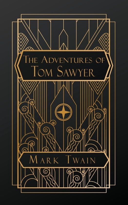 Boekomslag 'The Adventures of Tom Sawyer' van Mark Twain, met art deco gouden lijntekening op een zwarte achtergrond.