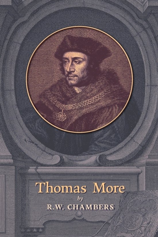 Portrait de Thomas More dans un médaillon rond, portant un béret et un manteau doublé de fourrure orné d'une chaîne.