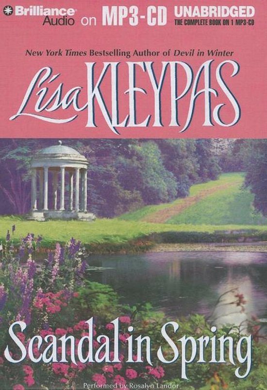 Couverture du livre : 'Scandal in Spring' de Lisa Kleypas avec une rotonde et des fleurs près d'un lac.