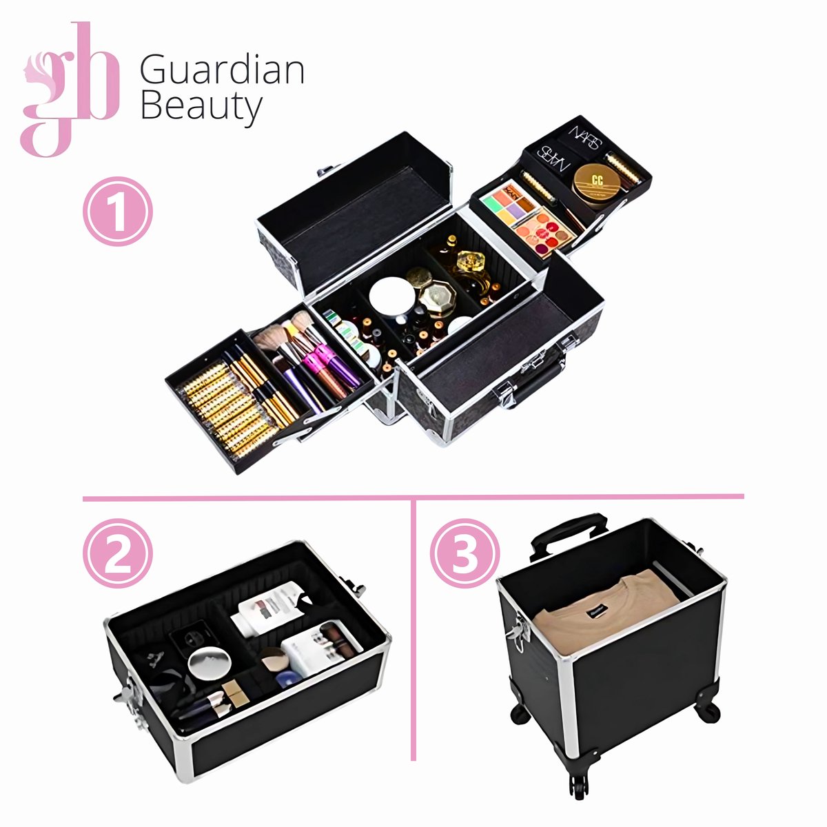 BeautyKoffer Roze met diamantjes | 3 Delig 8 Wielen | Nagel Koffer | BeautyCase voor Kappers | KappersKoffer — cadeau in Verzorging - foto 3