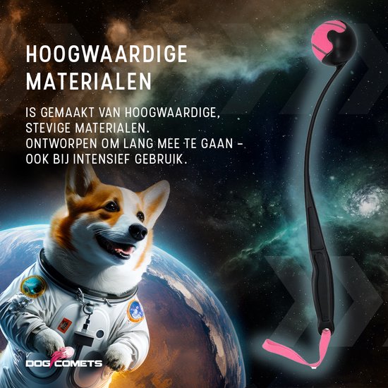 Zwarte hondenwerper met roze tennisbal, ontworpen voor langdurig intensief gebruik.