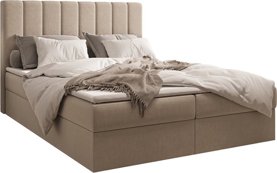 InspireME Boxspring Bed 01 - Bed - Comfortabel topmatras - Met hoofdeindeTot 300KG - Opbergruimte - 140x200 - Trinity 2 - Beige