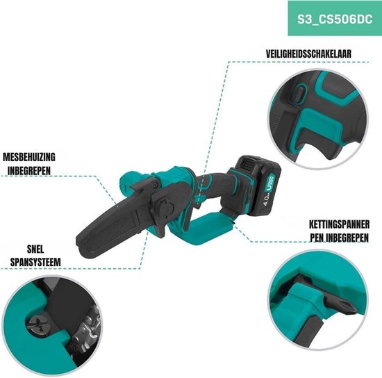Zylo® Mini Kettingzaag - Kettingzaag Accu - Hand Kettingzaag - Zwart en Groen - ‎41 x 15 x 15 cm van Zylo — afbeelding 3