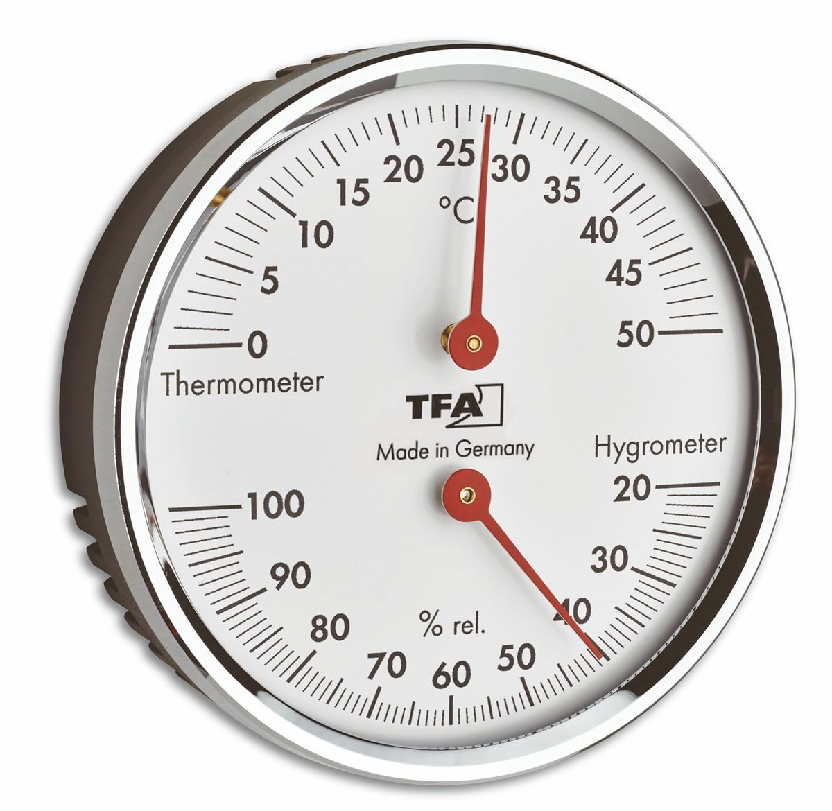 Analoge thermo-hygrometer voor temperatuur- en luchtvochtigheidscontrole met metalen ring
