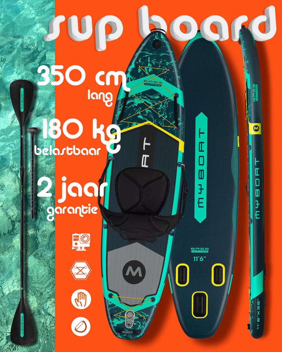 MyBoat Bass Hunter Kajak Peddel Boord | SUP Board Set met zitje plus 4 delige peddel voor kano ervaring compleet | 2 tot 3 personen, Familie | 168 Kg belastbaar Stand Up Paddle Board | Extra Breed 350cm lang Ultra Licht & Stabiel Opblaasbaar kajakken