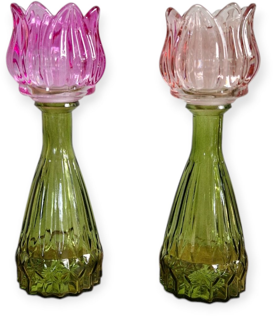 Daan Kromhout - Waxine houders - Kaarsenhouders - Set van 2 - Tulp - Glas - Roze Mix - 7x22cm