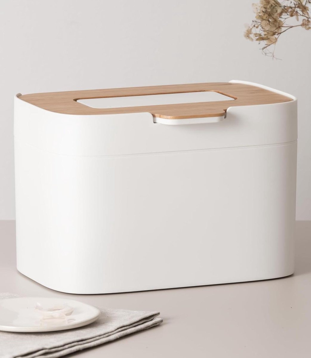 Biologische vuilnisemmer 'Elin' | 45L compostemmer met houten deksel & filter | geurdicht vaatwasmachinebestendig incl. binnencontainer | bio-afvalcontainer voor de keuken | Wit