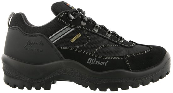 Zwarte Grisport wandelschoen met vetersluiting, Gore-Tex label en "Support System" tekst.