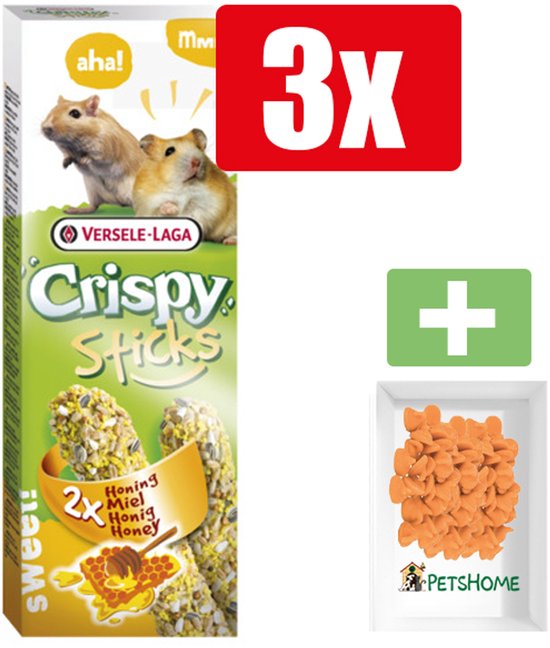 Foto: Versele laga crispy sticks hamster gerbil honing 2x55 g honing knaagdiersnacks 3 stuks inclusief petshome drops wortel snoepjes