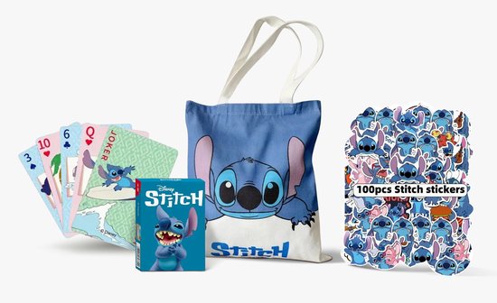 Stitch Set - draagtas, Stickers (100 stuks) en Speelkaarten - Disney Lilo & Stitch - Cadeau voor Kinderen en Fans