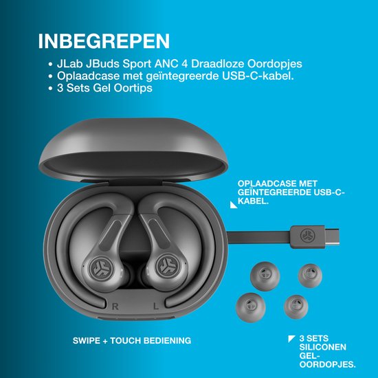 JLab JBuds Sport ANC 4 Draadloze oordopjes – Oortjes Draadloos - Hybrid Active Noise Cancelling - 60 Uur Afspeeltijd - IP66 Waterbestendig - Aanpasbare EQ3 instellingen - Bluetooth multipoint - Hardlopen - Zwart