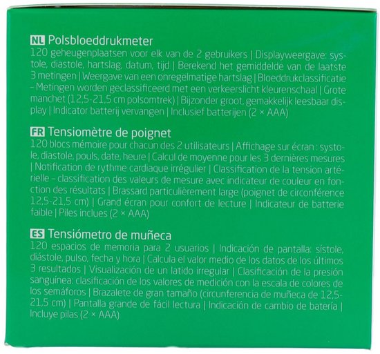 Zijkant van de verpakking met informatie in het Nederlands, Frans en Spaans over de bloeddrukmeter.