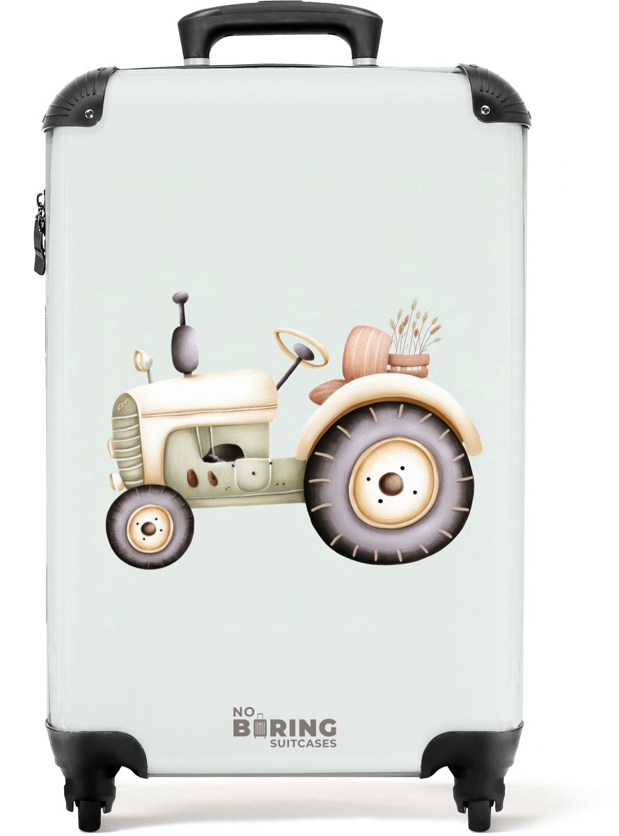 NoBoringSuitcases.com® - Kinderkoffer jongen - Kindertrolley jongens - Beige vintage tractor in pastel groene kleuren - Handbagage koffer lichtgewicht - Reiskoffer trolley kinderen - Rolkoffer met wieltjes - Past binnen 55x40x20 en 55x35x25