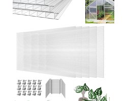 14× polycarbonaat holle platen (10,25 m²) UV-bestendige kasplaten (605 × 1210 × 4 mm). Geschikt voor kassen, carports en modelbouw. Steekplaat-systeem