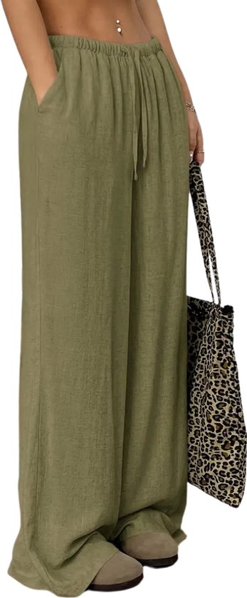 Nivard Linnen Broek Dames - Zomerbroek - Volwassenen - Lange Broek - Pantalon - Strandbroek - Zomer - Ibiza Stijl - Olijf - Maat S