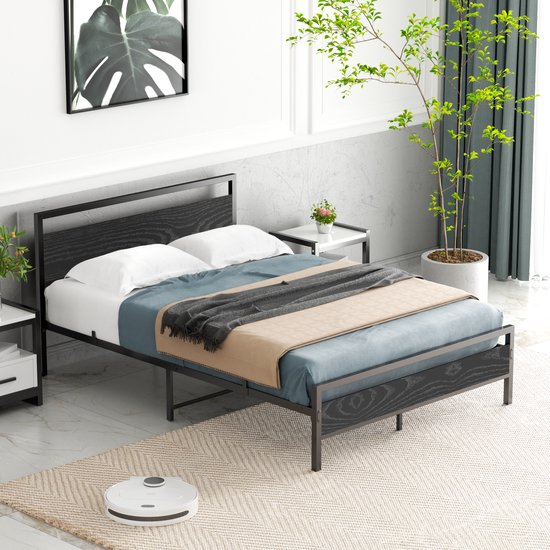 HAUSS SPOLE Lit moderne en métal 140 x 200 cm avec sommier à lattes - Lit double - Lit Classique - Convient comme lit d'appoint ou lit pour chambre d'adolescent (Zwart- Sans Matras)
