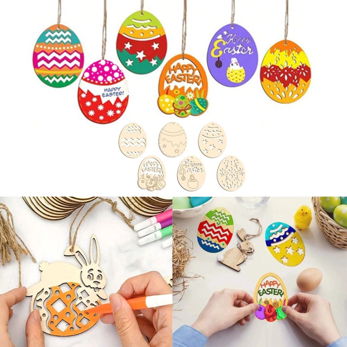 Jojoy - Houten Paaseieren - Knutselpakket - Paaseitjes - Paasversiering - Paasdecoratie Hangend - Paaseieren Decoratie - Knutselen voor Kinderen - 15 Houten Eieren - EGGNAMENTIFY