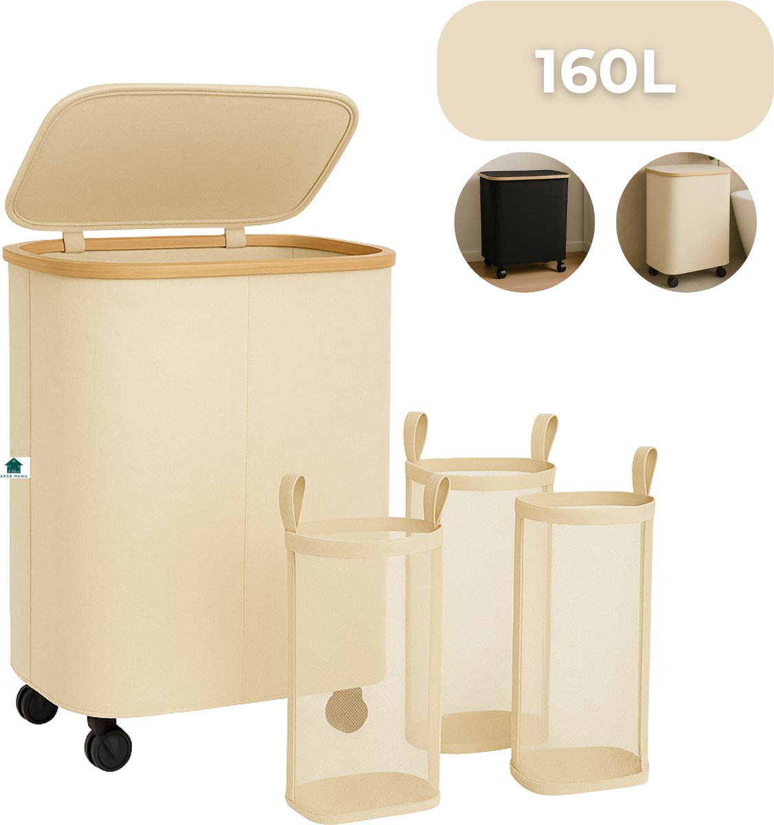 SOLEDI Wasmand, 160 liter, wasverzamelaar, 3 vakken met deksel en