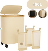 Panier à linge AKSA Home® - Trieur à linge à 3 compartiments - Panier à linge pliable avec couvercle - 160 L - Beige/Crème