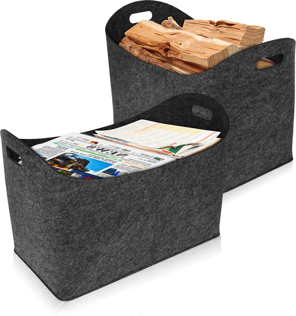 Aufun Tassen Vilten 2x Tassen van vilt, vilten tas shopper, opvouwbaar, brandhouttas voor het opbergen van hout, kranten, brandhout, Donkergrijs, 55 x 30 x 41 cm