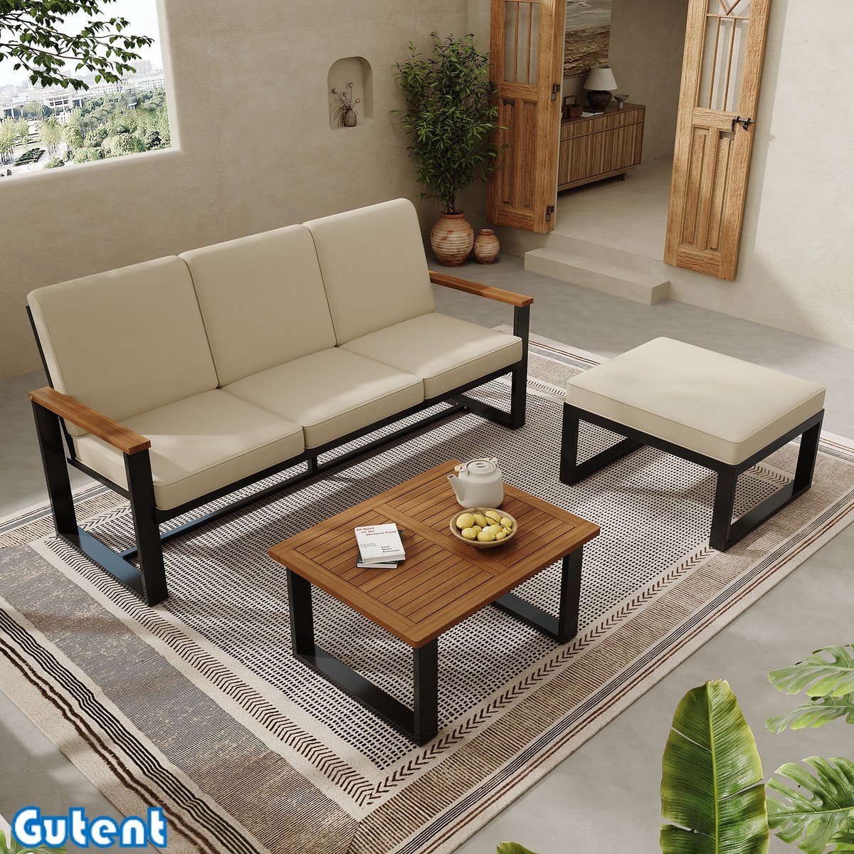 Gutent Tuinmeubilair set - bank + salontafel + voetenbank - Gegalvaniseerd stalen buis - Gegolfd blad - Beige + Zwart