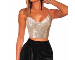 Glitter Crop Top Champagne - Dames Shirt - Wit - Glinster - Topje - Feest