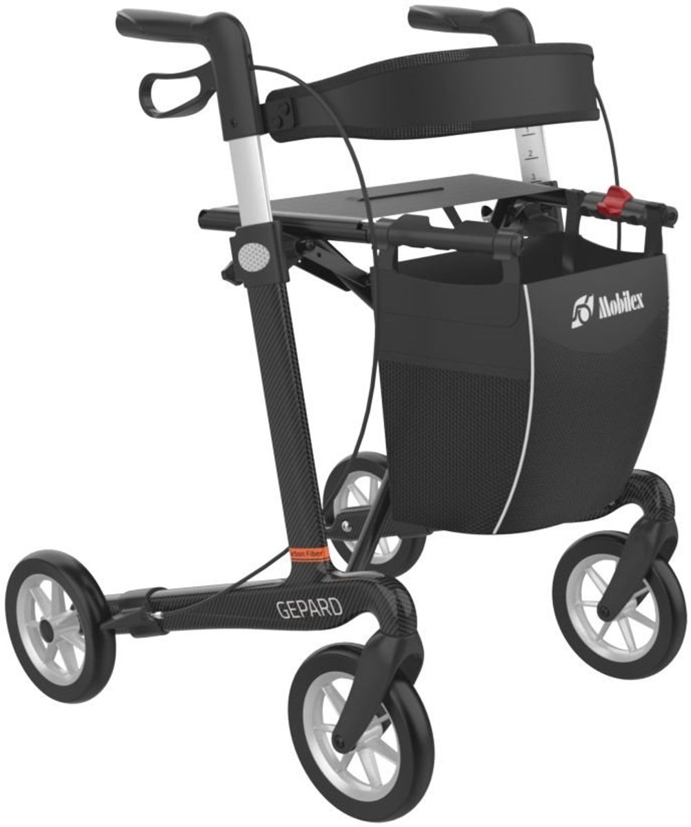 Mobilex Gepard - Carbon rollator - Comfort banden - Zithoogte 62 cm - Opvouwbaar - binnen en buiten - Inclusief tas, rugband en stokhouder - Zwart