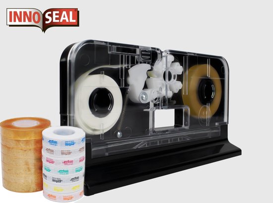 Een InnoSeal zakkensluiter met transparante behuizing en zwarte basis, naast rollen sluitlint.