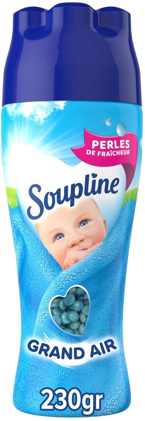 Bouteille bleue de perles de fraîcheur "Grand Air" Soupline avec image de bébé.