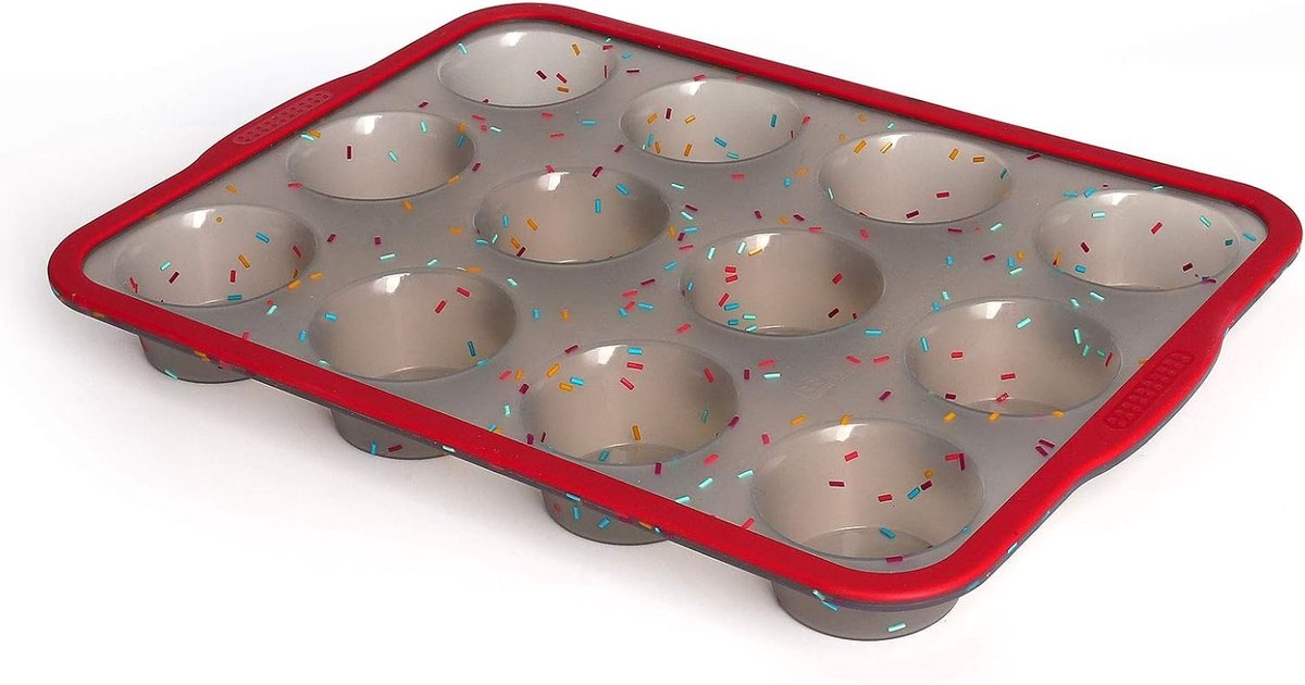 12 muffinvormpjes van siliconen met versterkt roestvrijstalen frame aan de binnenkant, met anti-aanbaklaag en cupcake-bakvorm, 12 gaten, muffinvorm, BPA-vrij, vaatwasmachinebestendig (rood doorschijnend grijs)