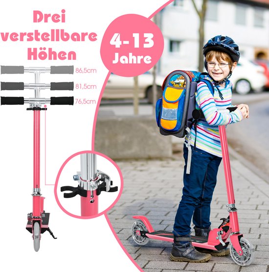 Trottinette rose avec guidon réglable en 3 hauteurs (76,5-86,5 cm), pour enfants de 4 à 13 ans.