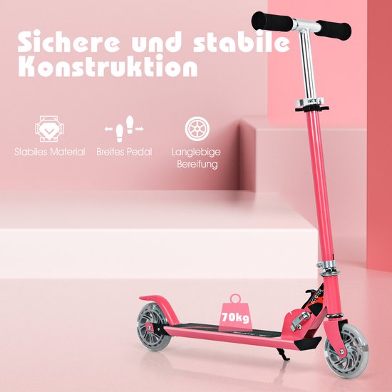 Trottinette rose avec construction robuste, large pédale et pneus durables, supporte 70 kg.